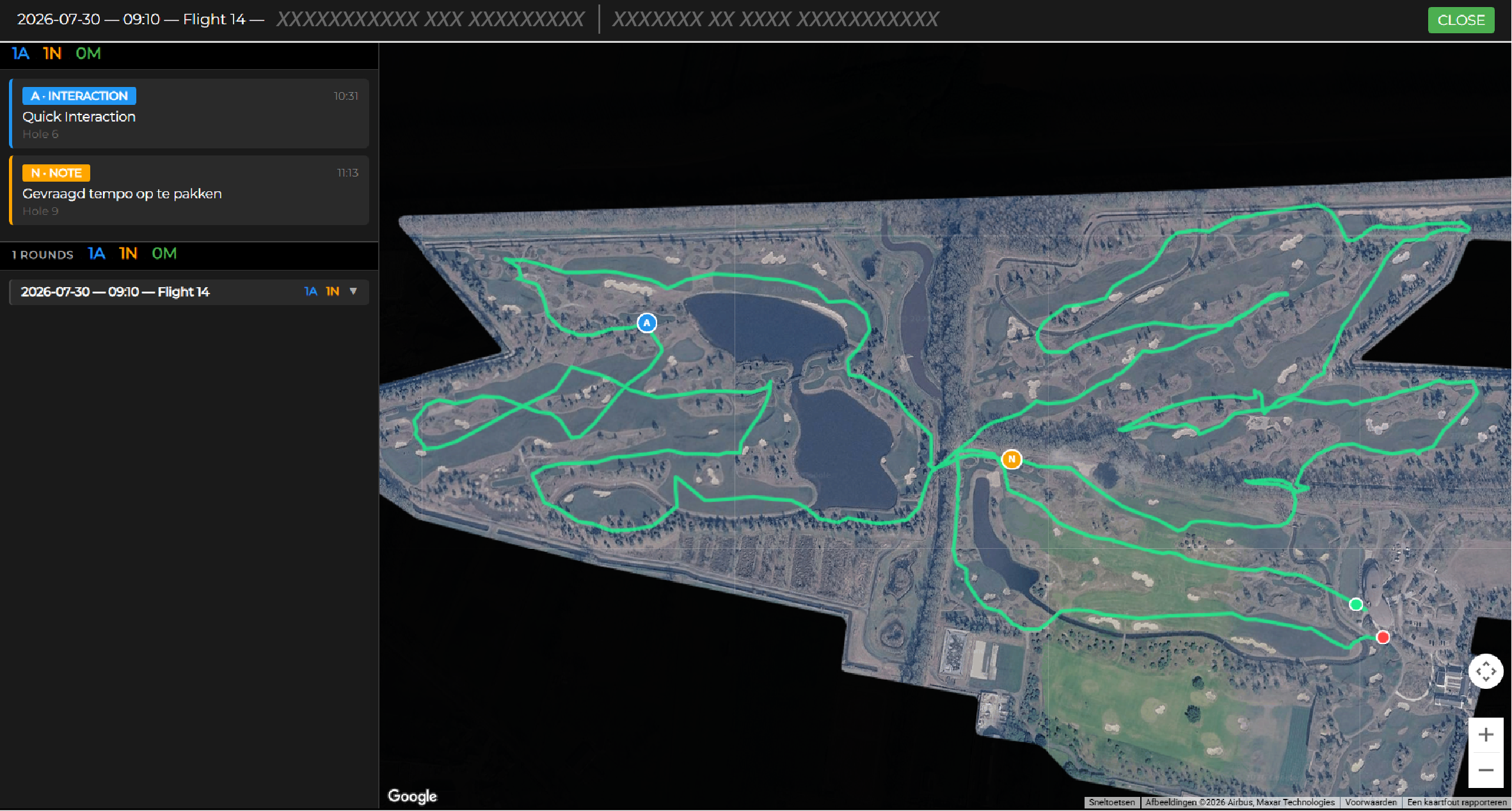 WhizzGolf console — History: round replay with marshall interactions on a timeline