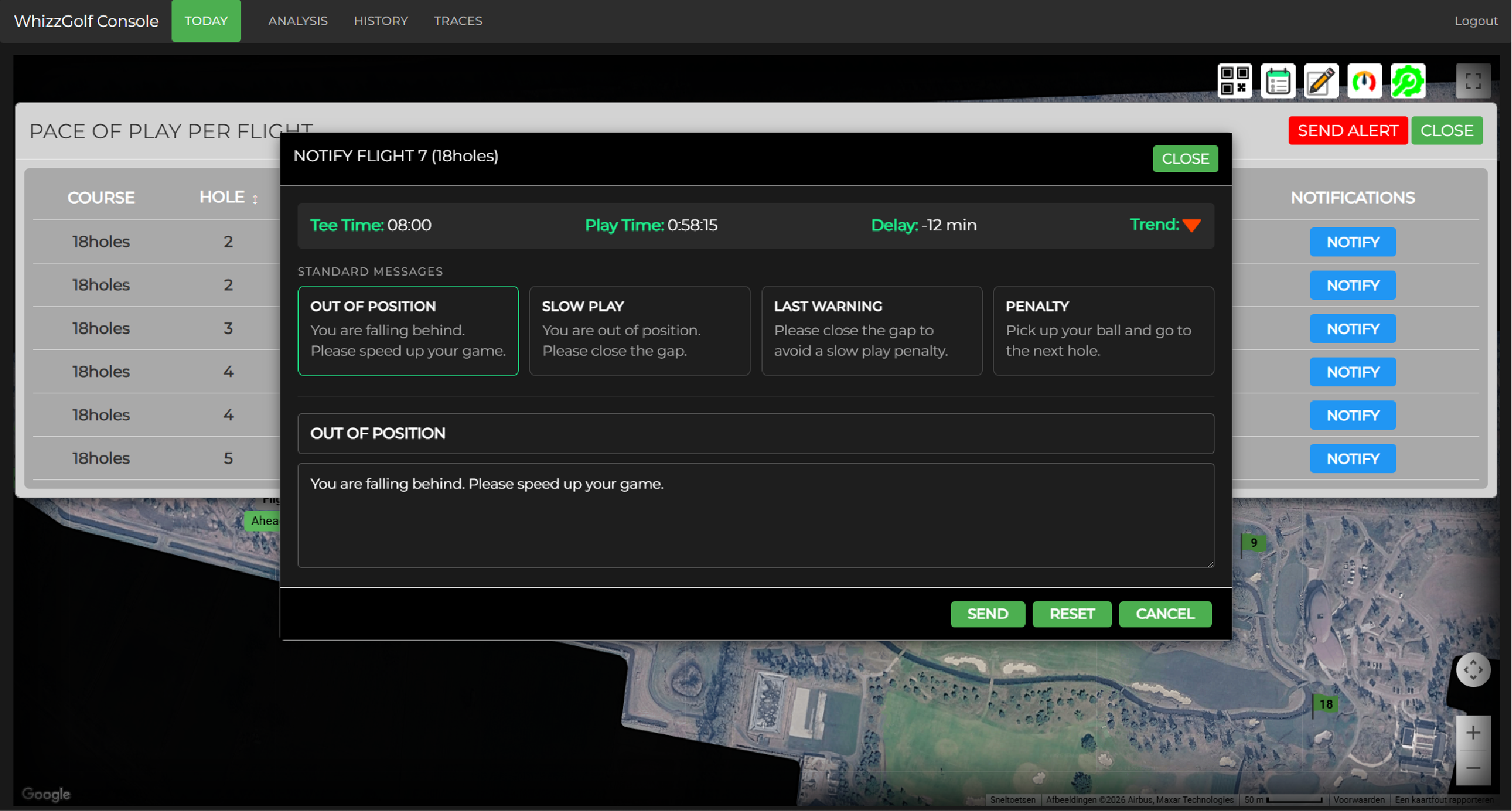 WhizzGolf console — Notify: standard, free and templated messages
