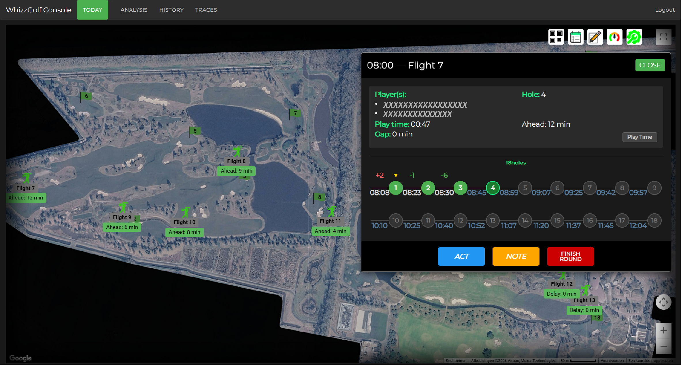 WhizzGolf console — Today: live course map with flight detail and hole prediction